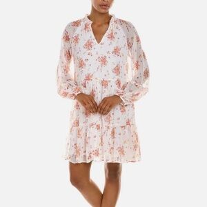 NWT Vince Camuto Tiered Floral Split Neck Ruffle Trim White Mini Dress M medium‌